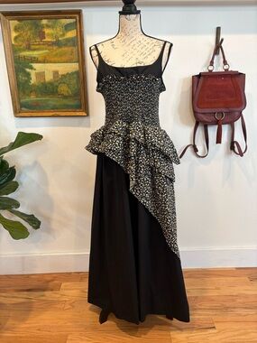 Allina Liu Black Floral Smocked Midi Dress Cottagecore Ruffle Boho